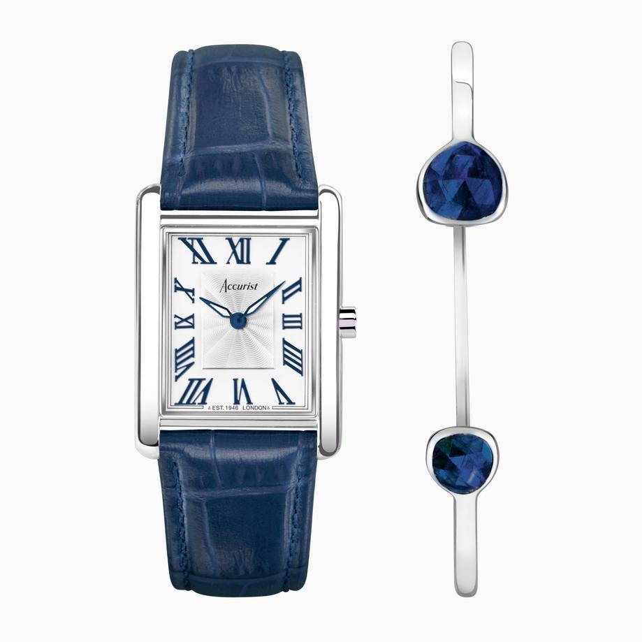 accurist Accurist X Sarah Alexander Rectangle Ladies Watch Gift Set 26mm | Silver Stainless Steel Case & Blue Leather Strap with White Dial | Blue Kyanite Bangle