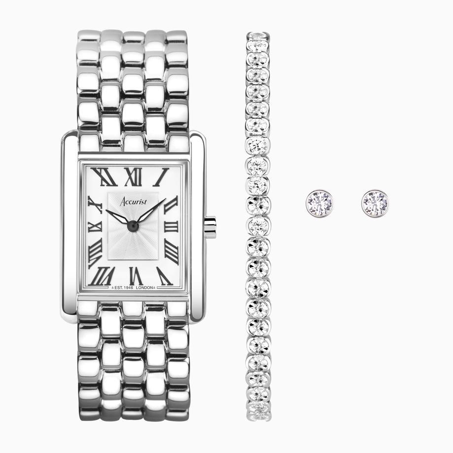 accurist Accurist X Sarah Alexander Rectangle Ladies Watch Gift Set 26mm | Silver Stainless Steel Case & Bracelet with White Dial | Instinct Zirconia Tennis Bracelet & Earrings