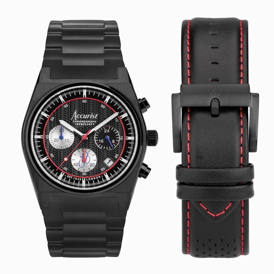 accurist Accurist X Tour of Britain Limited Edition Origin Men's Chronograph Watch Gift Set 41mm | Black Leather Strap