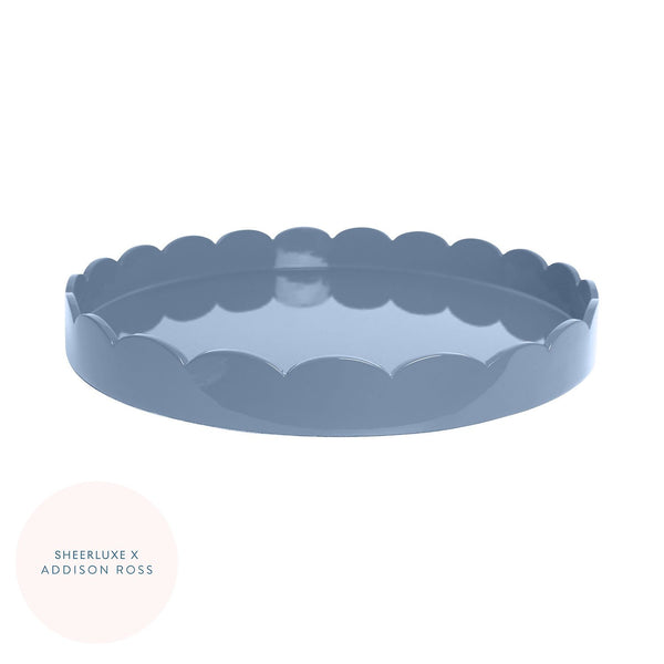 addison ross Chambray Blue Round Lacquered Scallop Ottoman Tray – Limited Edition