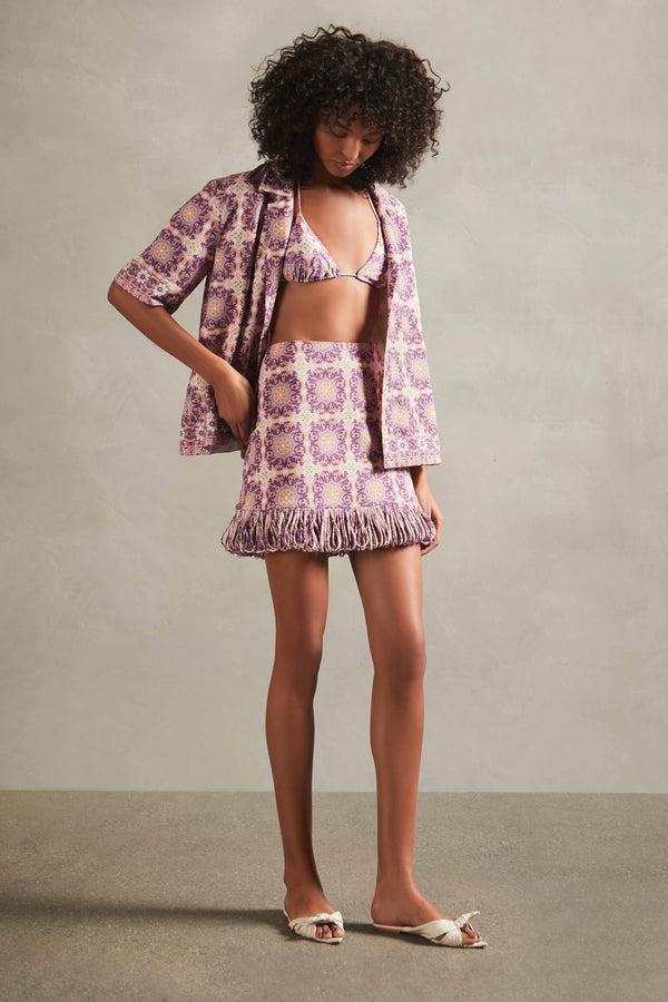 adriana degreas Exotic Coral Short Fringe Skirt