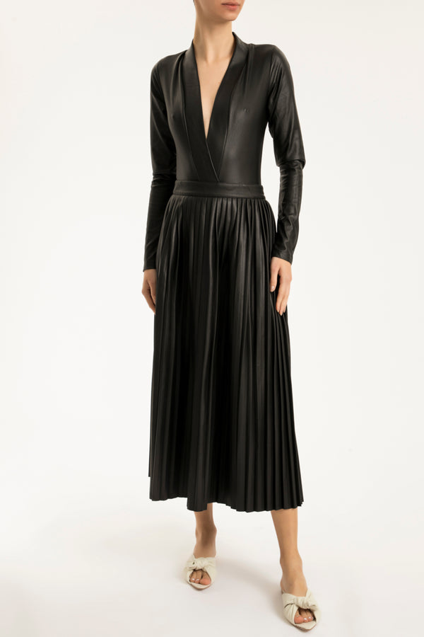adriana degreas Faux Leather Pleated Midi Skirt