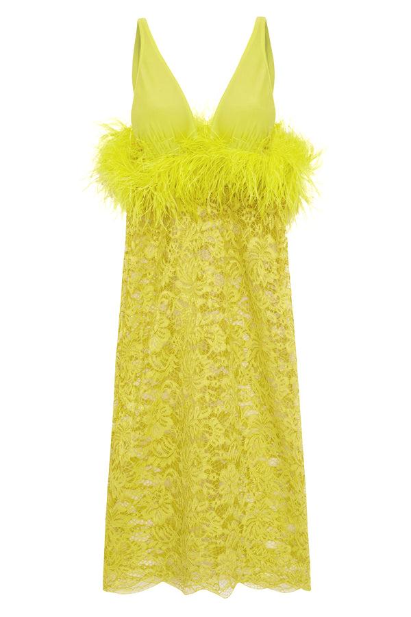 Adriana Degreas Guipure Lace Feathered Midi Dress
