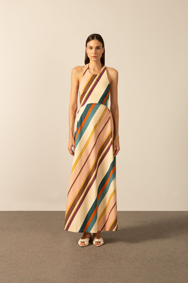 Adriana Degreas Organic Stripes Halter Long Dress
