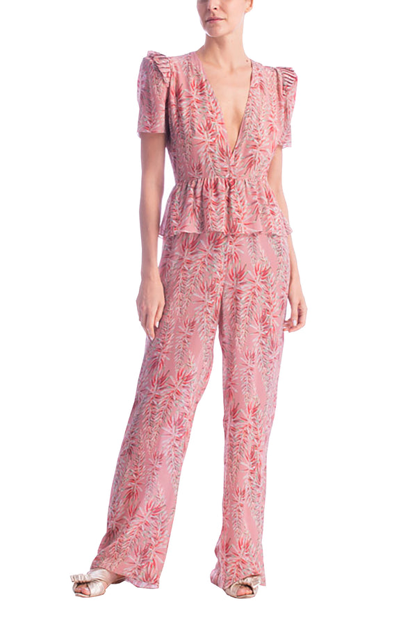 Adriana Degreas Pink Aloe V-Neck Ruffled Jumpsuit