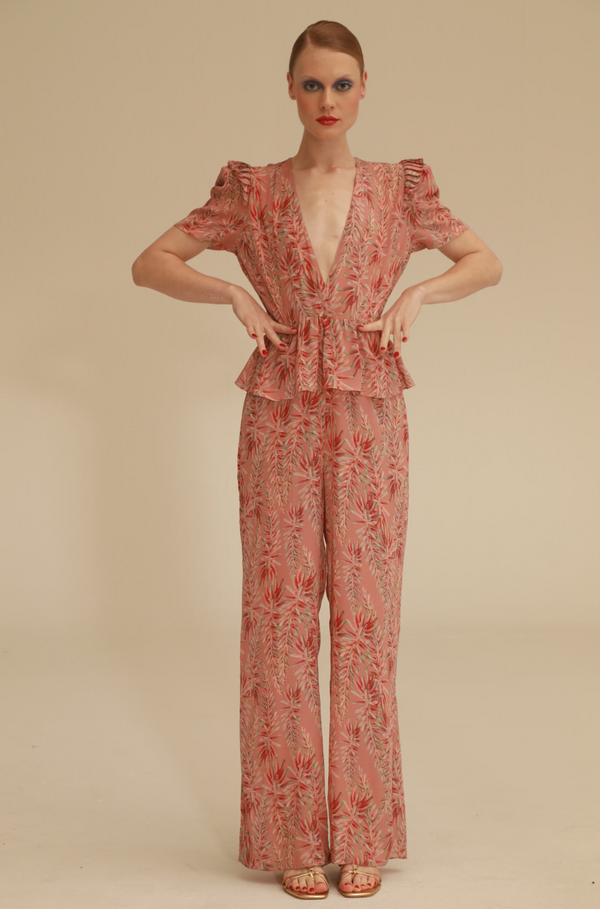 adriana degreas Pink Aloe V-Neck Ruffled Jumpsuit