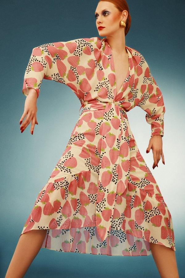 Adriana Degreas Strawberry Midi Dress With Sash