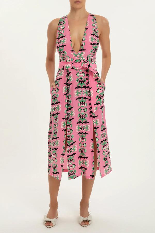 Adriana Degreas Twisted Flower V-Neck Midi Dress