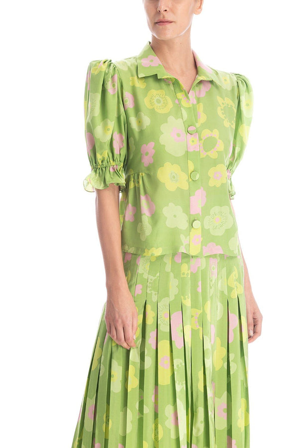 Adriana Degreas Vintage Flower Puff-Sleeved Blouse