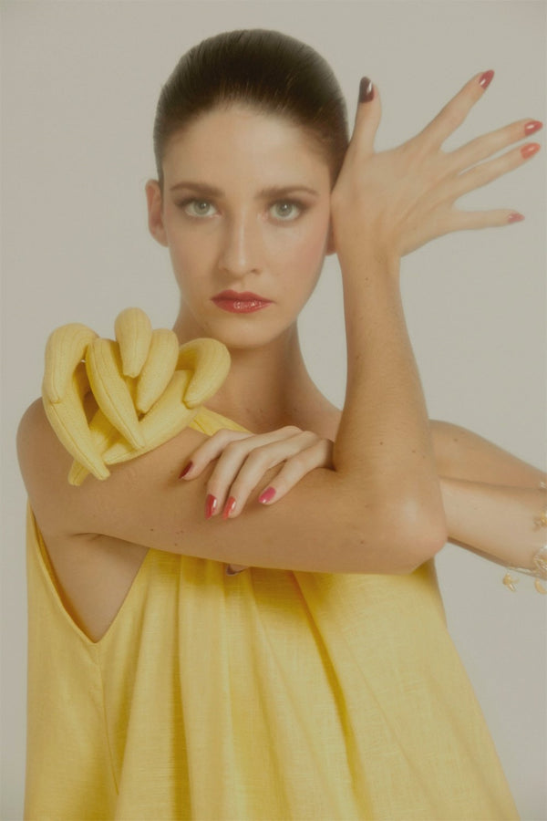 Adriana Degreas Banana One Shoulder Long Dress With Bananas Detail