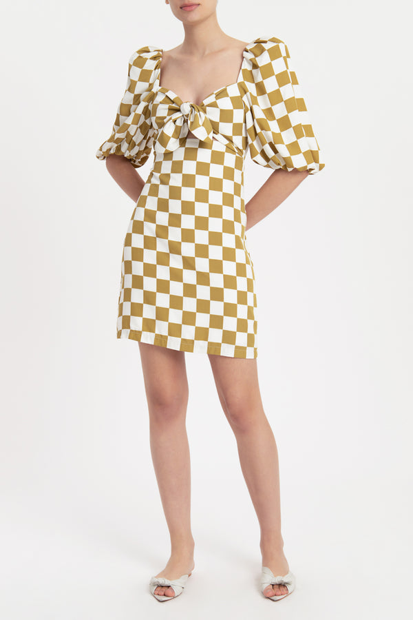 adriana degreas Carre Vintage Puff-Sleeved Short Dress With Knot