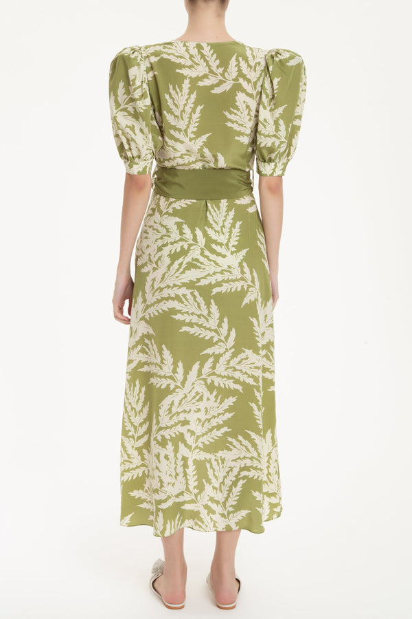 Adriana Degreas Classic Foliage Silk Midi Dress With Sash