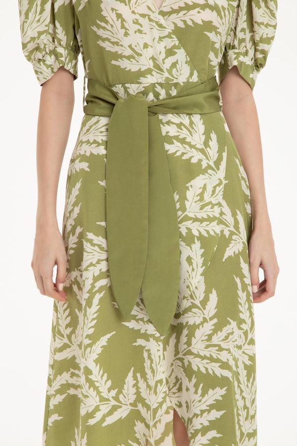 Adriana Degreas Classic Foliage Silk Midi Dress With Sash