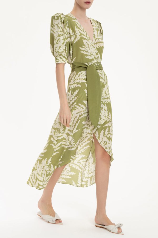 Adriana Degreas Classic Foliage Silk Midi Dress With Sash