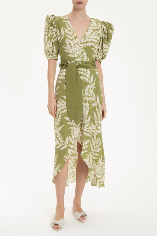 adriana degreas Classic Foliage Silk Midi Dress With Sash