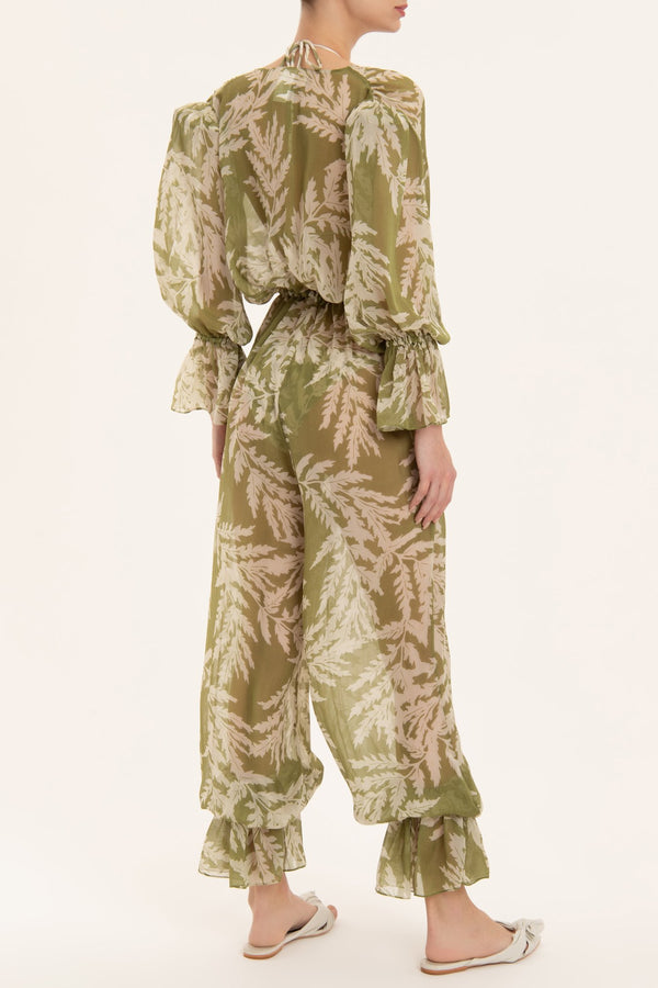 Adriana Degreas Classic Foliage V-Neck Ruffled Jumpsuit