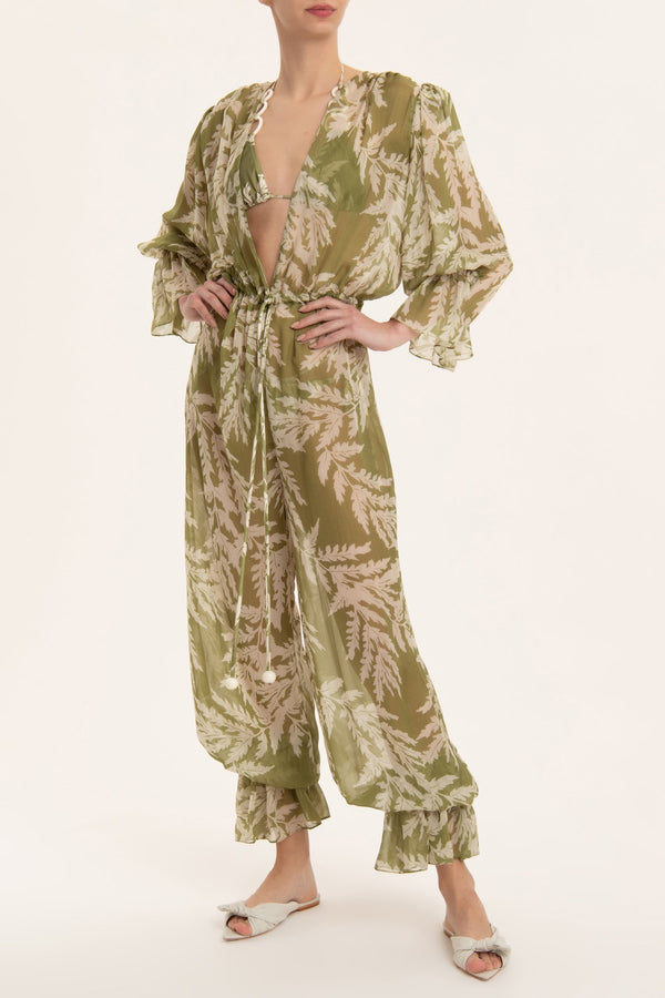 adriana degreas Classic Foliage V-Neck Ruffled Jumpsuit