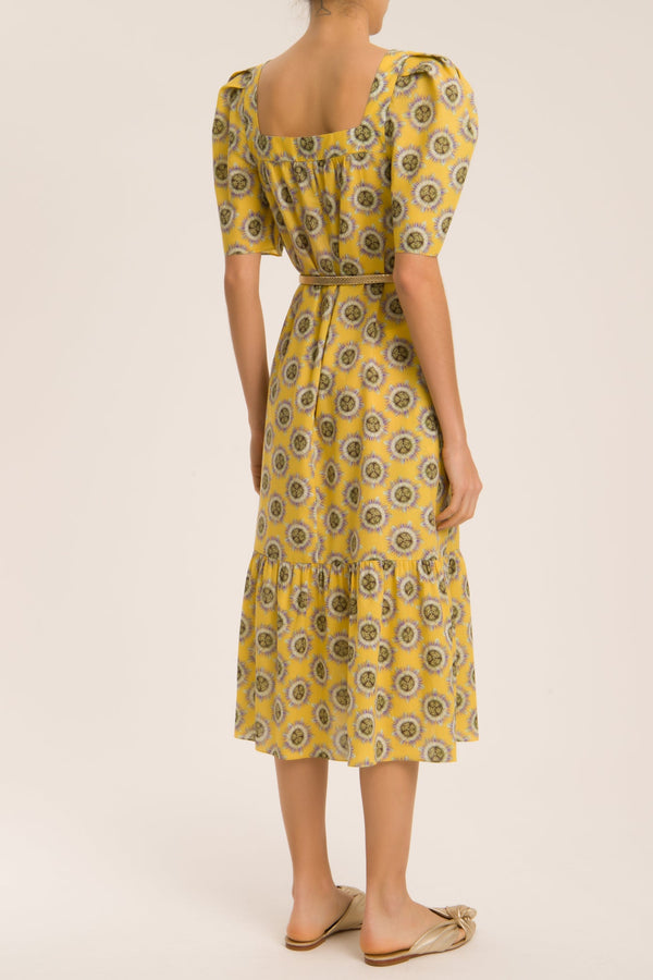 Adriana Degreas Exotic Passion Puff-Sleeved Silk Midi Dress