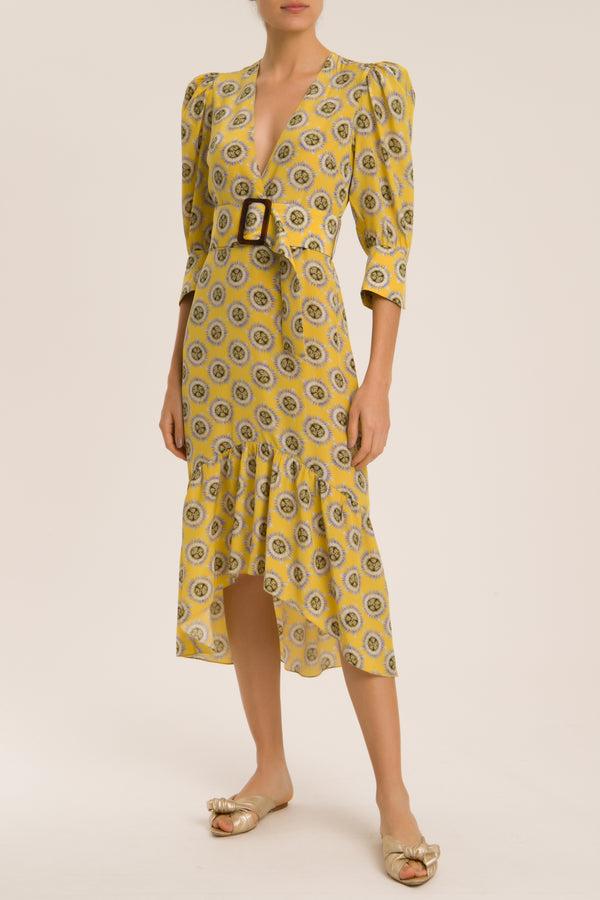 Adriana Degreas Exotic Passion Puff-Sleeved Silk Midi Dress With Belt