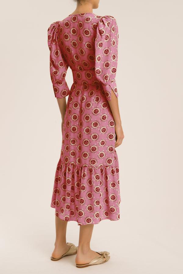 Adriana Degreas Exotic Passion Puff-Sleeved Silk Midi Dress With Belt