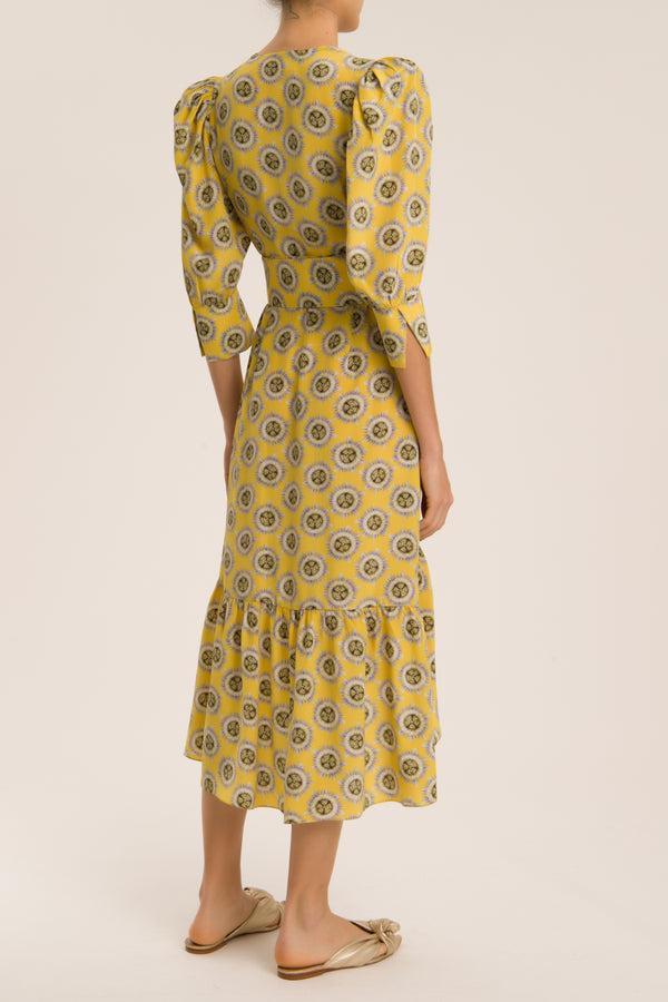 Adriana Degreas Exotic Passion Puff-Sleeved Silk Midi Dress With Belt