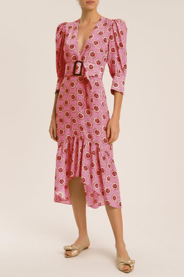 adriana degreas Exotic Passion Puff-Sleeved Silk Midi Dress With Belt