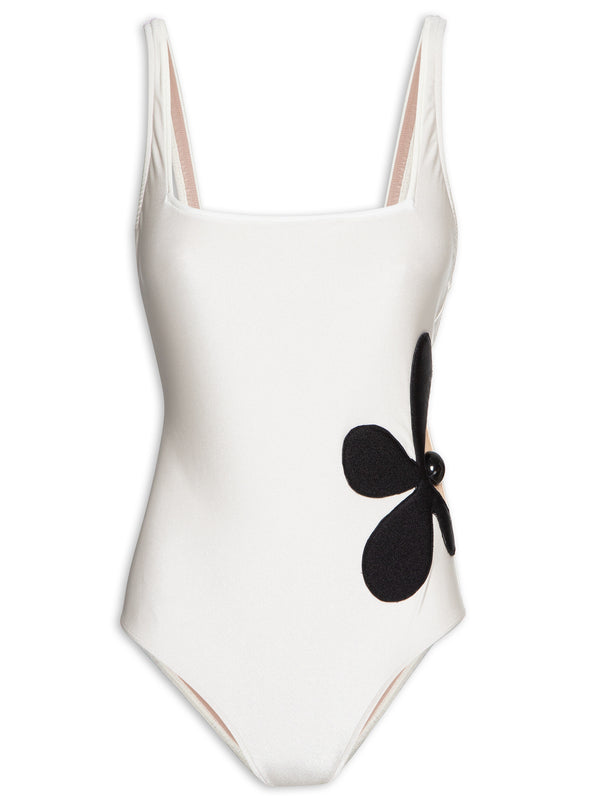 Adriana Degreas Floral Off-White With Black Flower Cut-Out Swimsuit