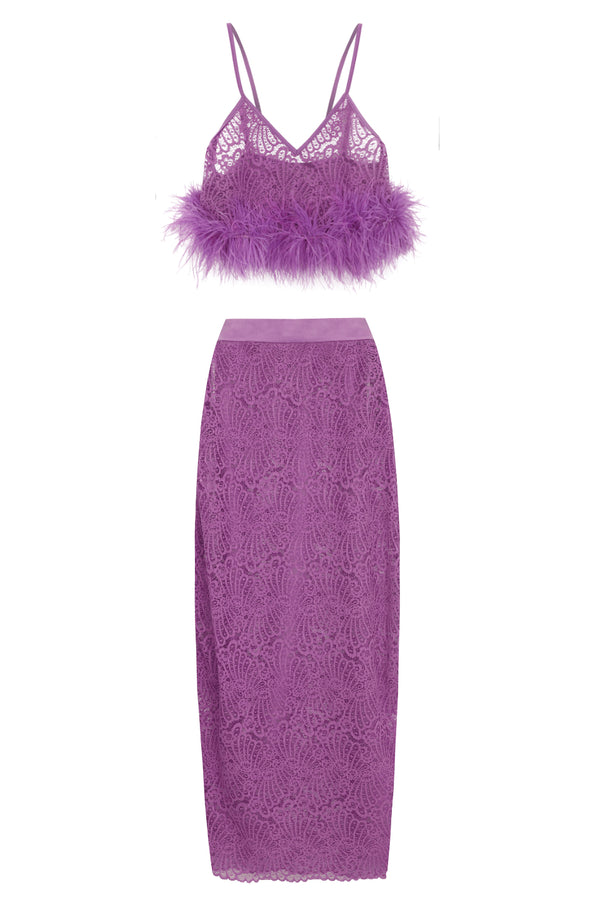 Adriana Degreas Guipure Lace Top & Skirt Feathered Set