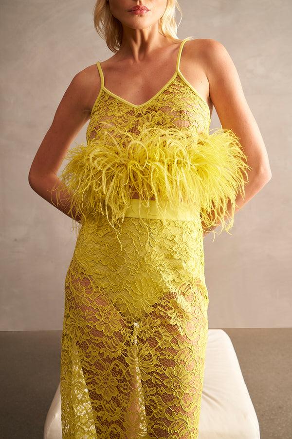 Adriana Degreas Guipure Lace Top & Skirt Feathered Set