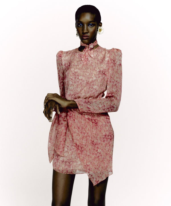 adriana degreas Hydrangea Puff-Sleeved Print Short Dress With Knot