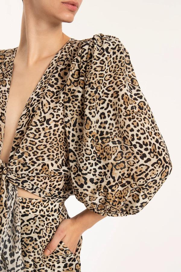 Adriana Degreas Leopard Puff-Sleeved Cropped Blouse With Knot