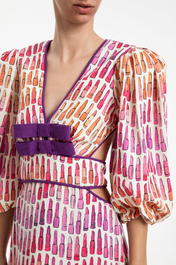 Adriana Degreas Lipstick Puff-Sleeved Long Dress With Bows