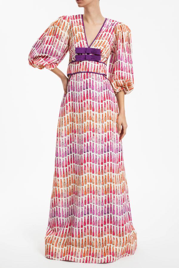 adriana degreas Lipstick Puff-Sleeved Long Dress With Bows