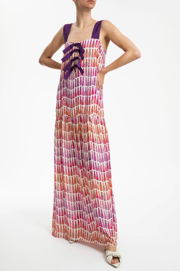 adriana degreas Lipstick Ruffled Long Dress With Bows