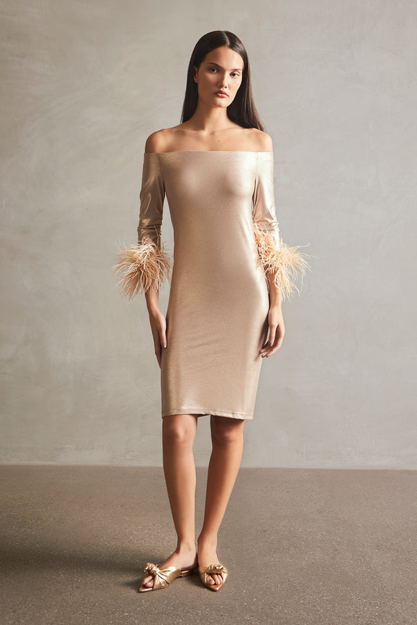Adriana Degreas Metallic Off-The-Shoulder Short Dress With Feathers