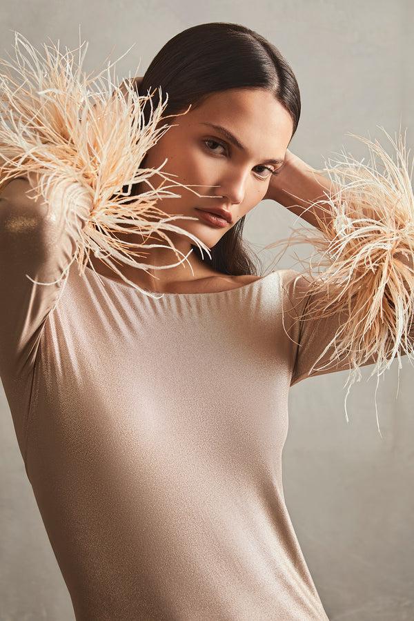 Adriana Degreas Metallic Off-The-Shoulder Short Dress With Feathers