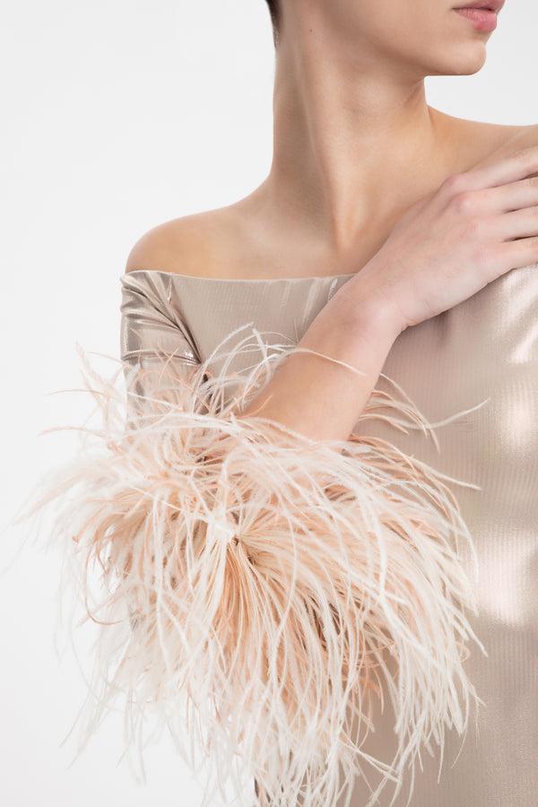 Adriana Degreas Metallic Off-The-Shoulder Short Dress With Feathers