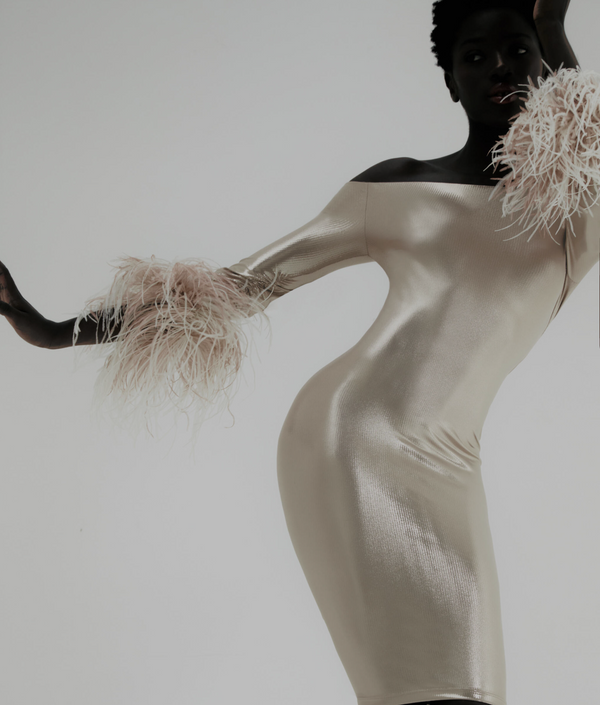 adriana degreas Metallic Off-The-Shoulder Short Dress With Feathers