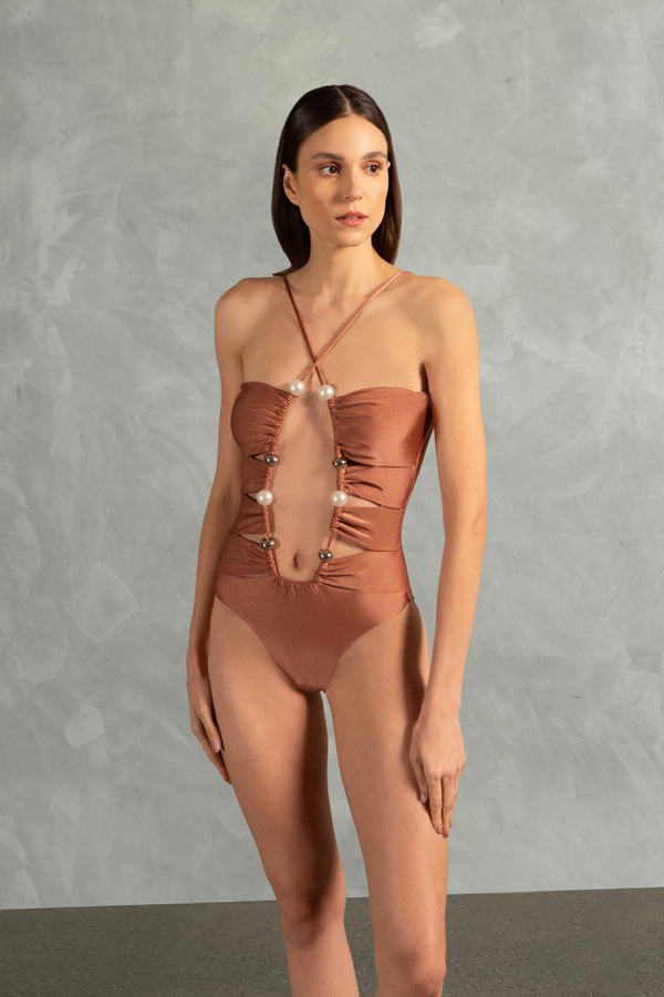 Adriana Degreas Oysters Solid Cut-Out Swimsuit With Pearls