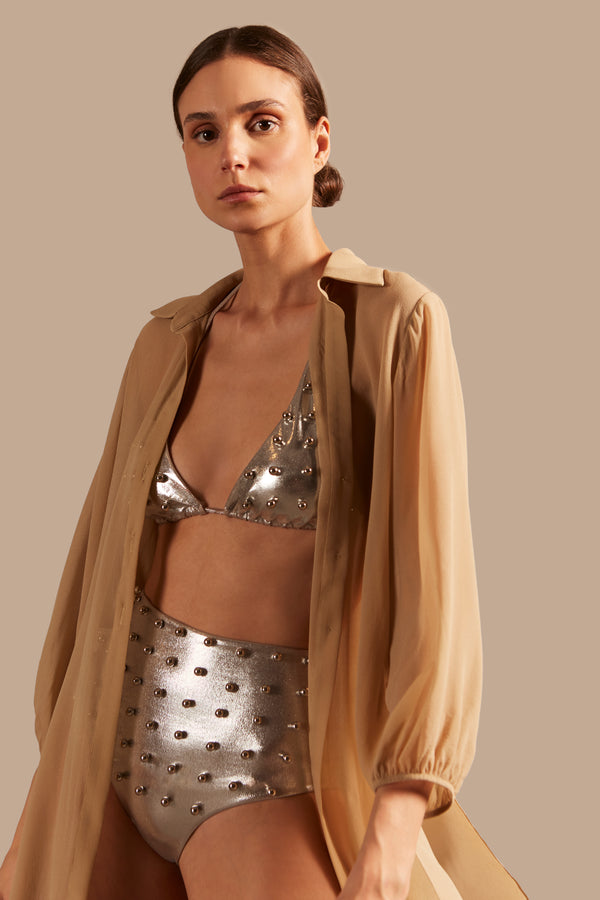 Adriana Degreas Oysters Solid High-Waisted Bikini With Pearls