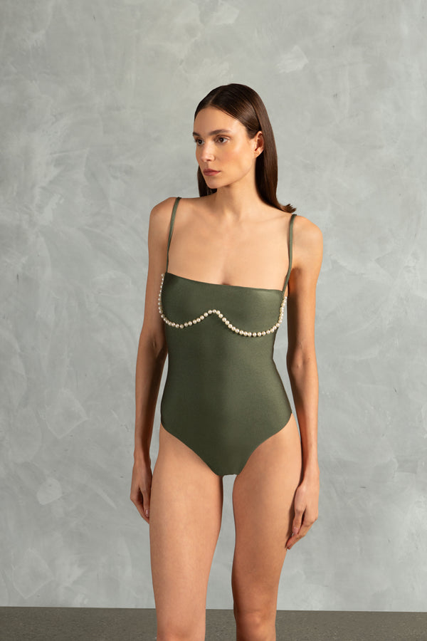 Adriana Degreas Oysters Solid Strapless Swimsuit With Pearls