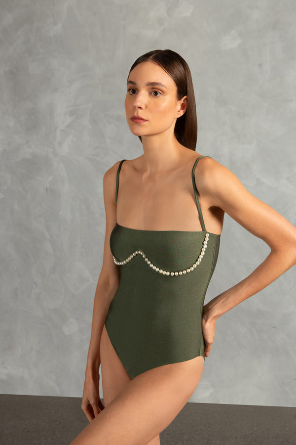 Adriana Degreas Oysters Solid Strapless Swimsuit With Pearls