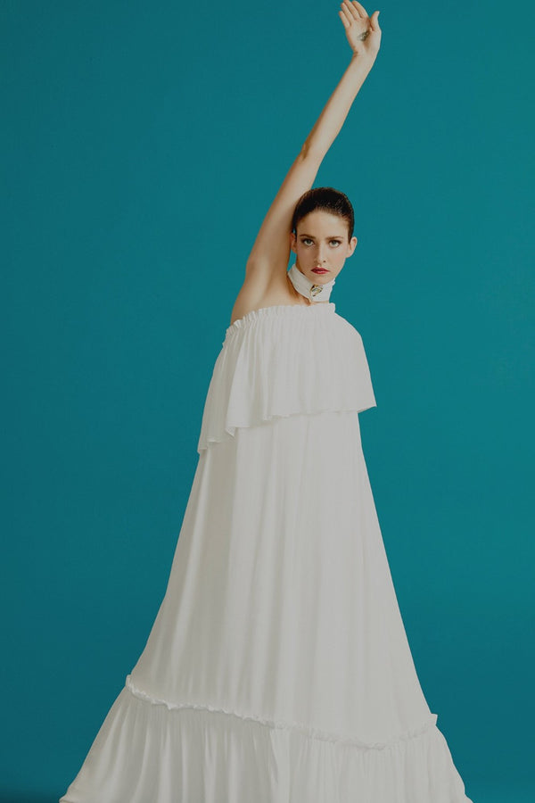 Adriana Degreas Pineapple One Shoulder Long Dress With Ruffles