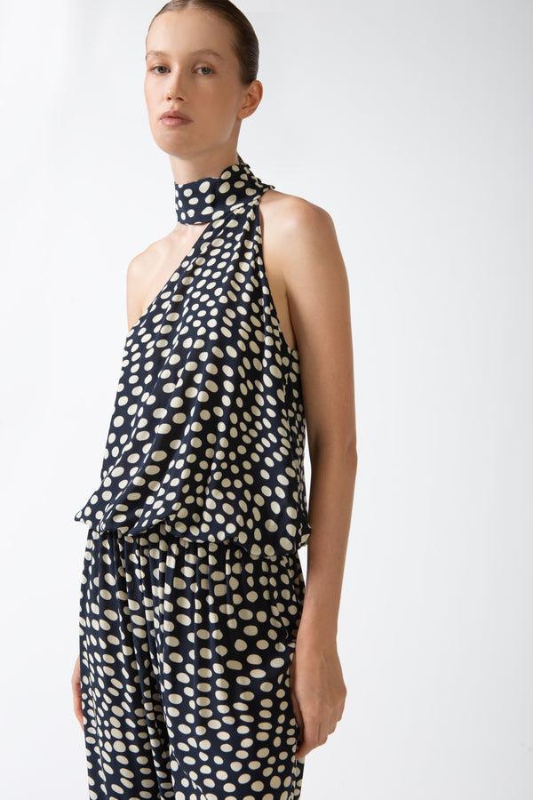 Adriana Degreas Pois One-Shoulder High-Neck Jumpsuit