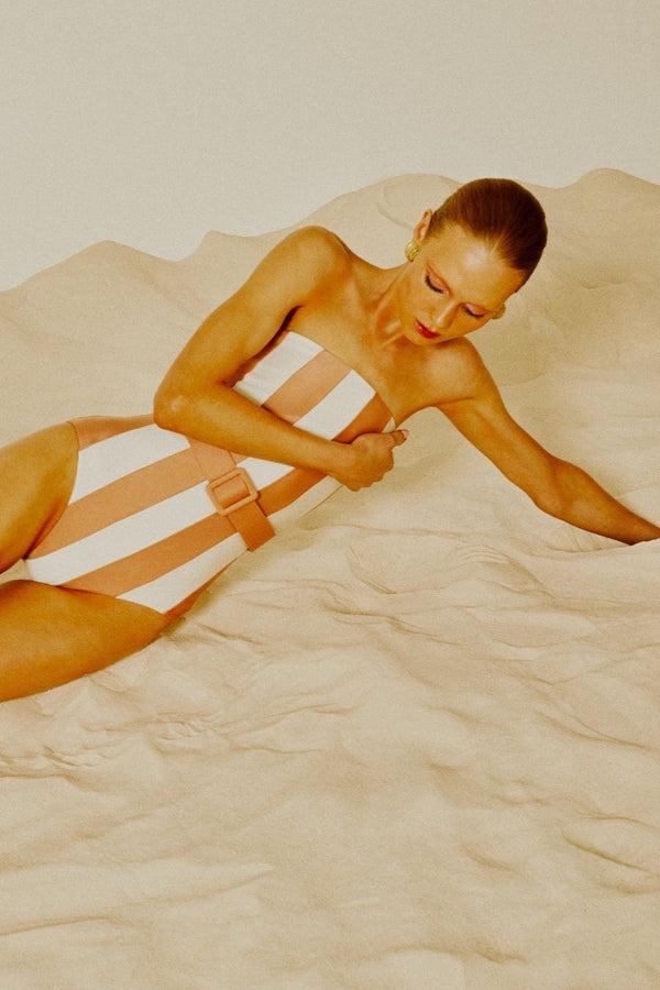 adriana degreas Porto Striped Strapless Swimsuit with Belt