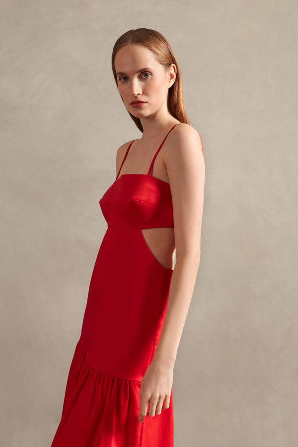 Adriana Degreas Red Solid Cotton Cut-Outs Long Dress