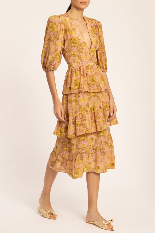 Adriana Degreas Seashell Puff-sleeved Ruffled Midi Dress