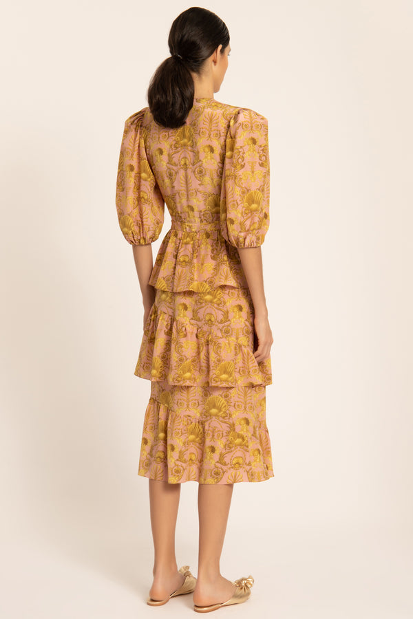 Adriana Degreas Seashell Puff-sleeved Ruffled Midi Dress