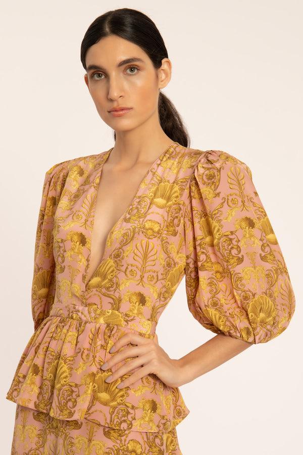 Adriana Degreas Seashell Puff-sleeved Ruffled Midi Dress