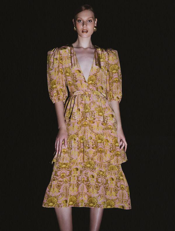 adriana degreas Seashell Puff-sleeved Ruffled Midi Dress